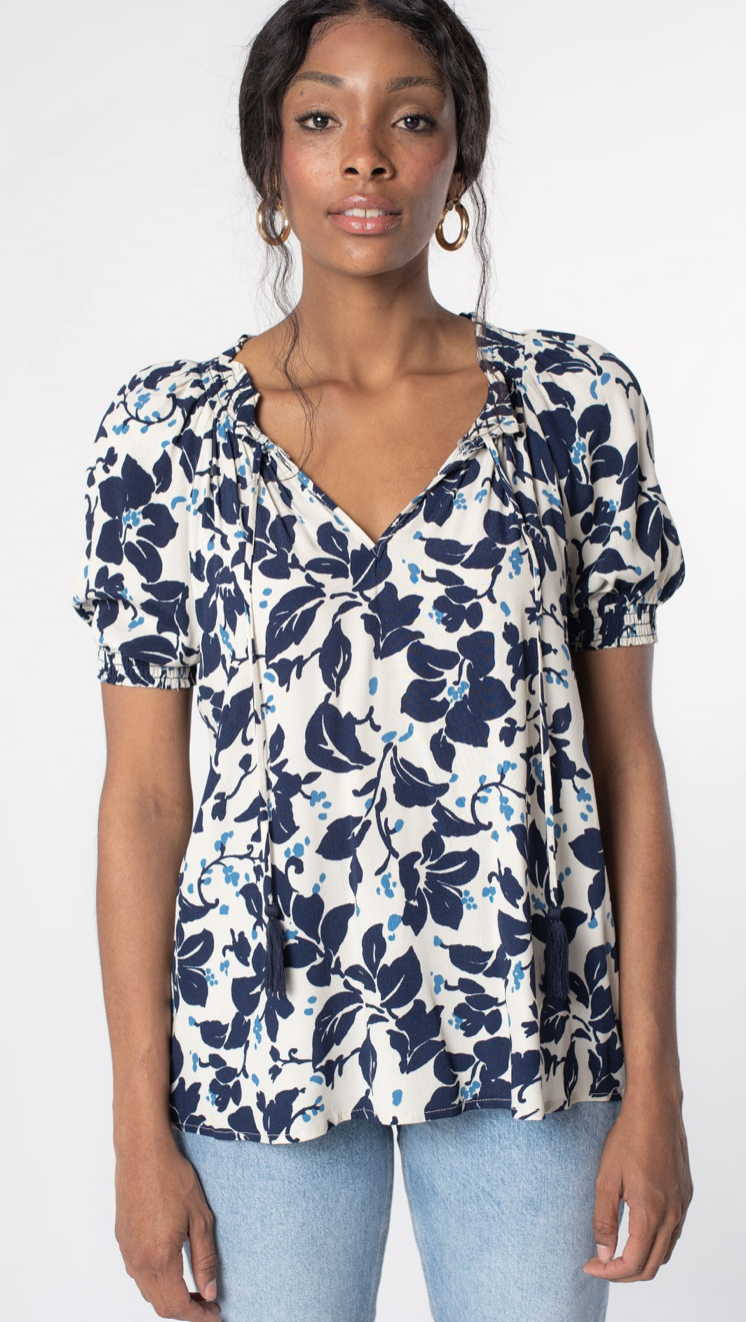 navy floral tie front blouse — Dale Michele